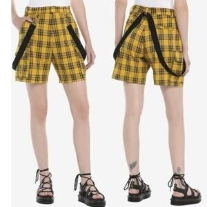 Hot Topic Yellow Black Plaid Cargo Suspender Bermuda Shorts Size Small